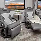 Spacious First-Class recliner seating with easy clean soft touch vinyl. (Select Models) May Show Optional Features. Features and Options Subject to Change Without Notice.