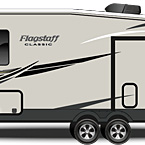 2022 Flagstaff Classic Fifth Wheel Exterior Road Side Profile (Laminated Champagne Fiberglass) May Show Optional Features. Features and Options Subject to Change Without Notice.