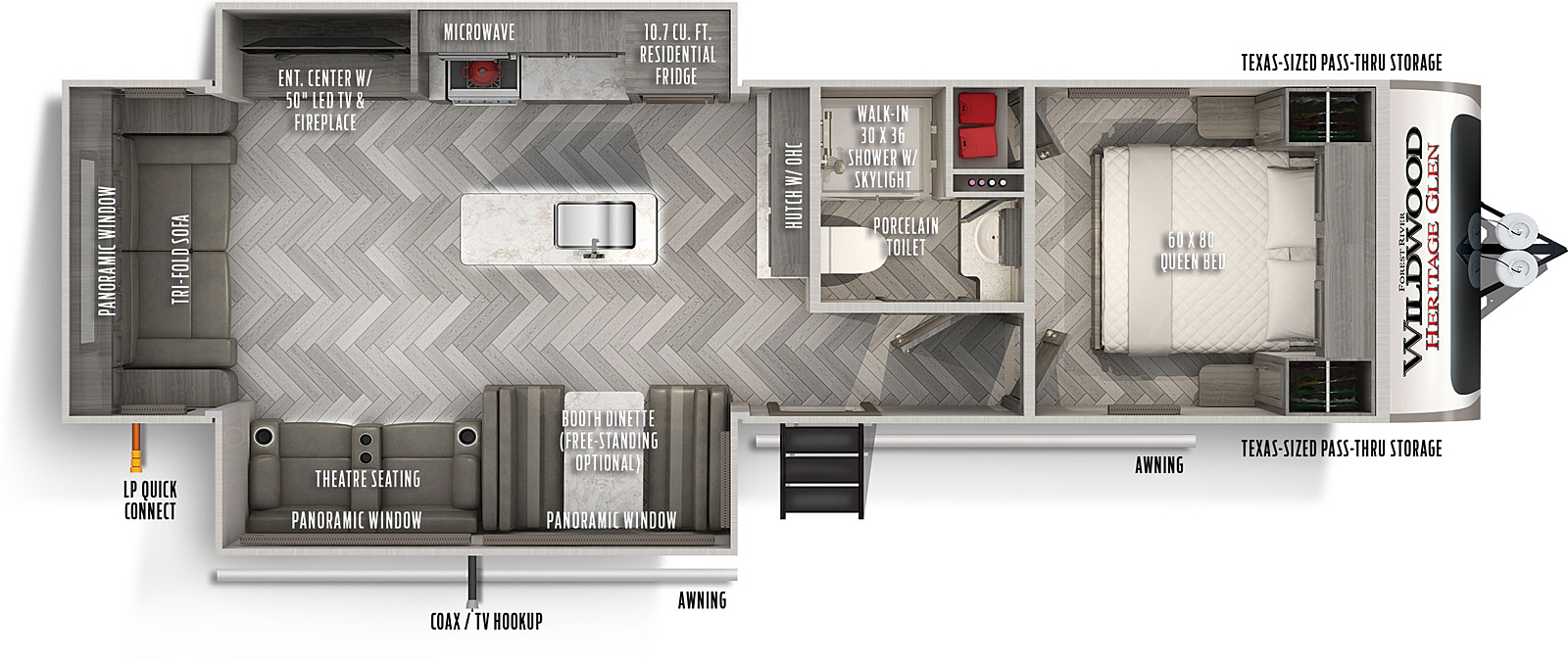 Heritage Glen 271RL floorplan. The 271RL has 2 slide outs and one entry door.