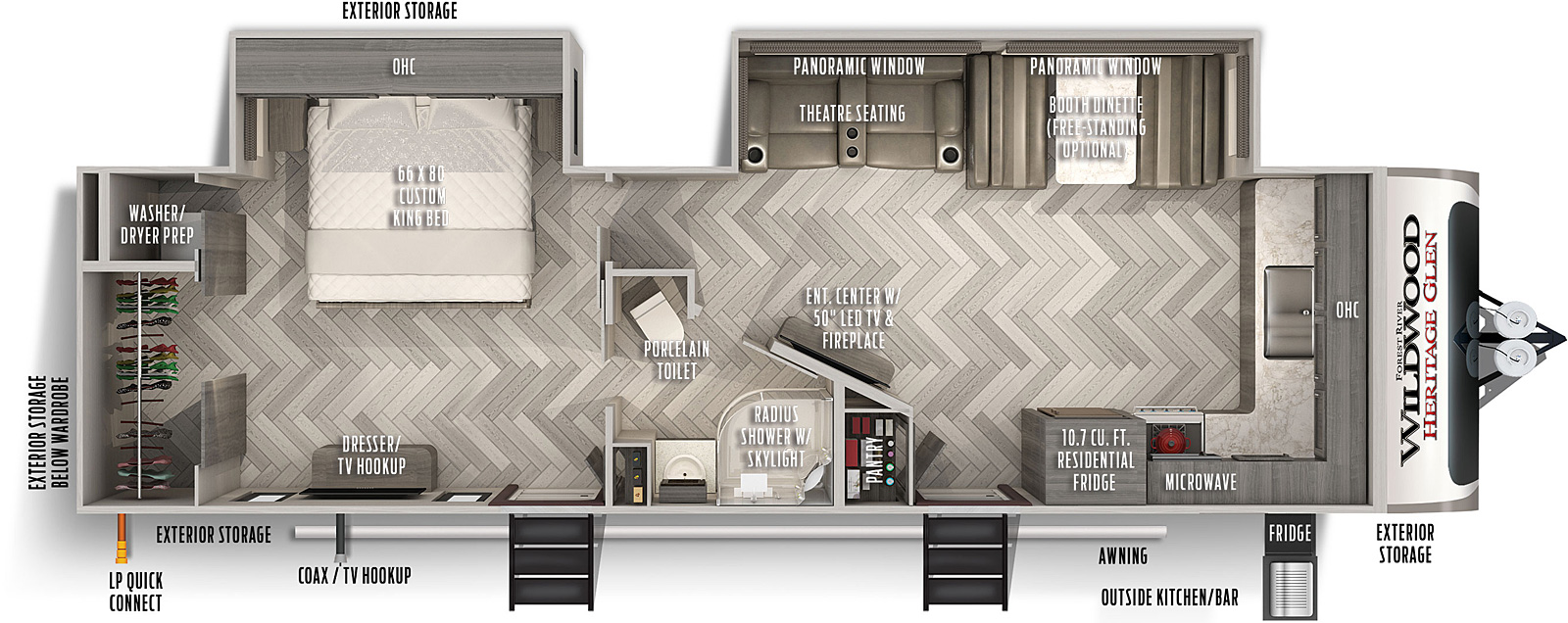 Heritage Glen 270FKS floorplan. The 270FKS has 2 slide outs and two plus entry doors.