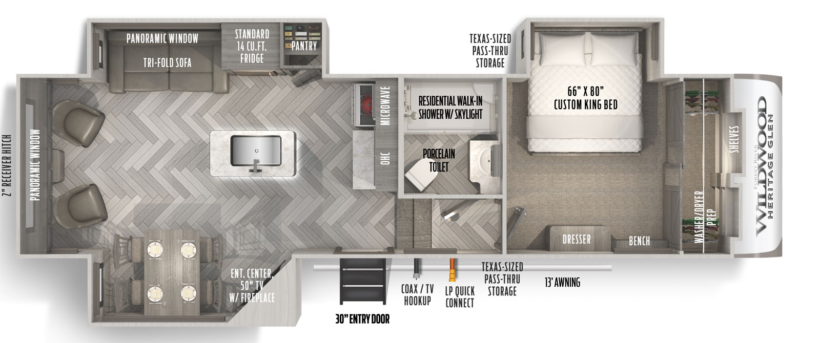 Heritage Glen 286RL floorplan. The 286RL has 3 slide outs and one entry door.