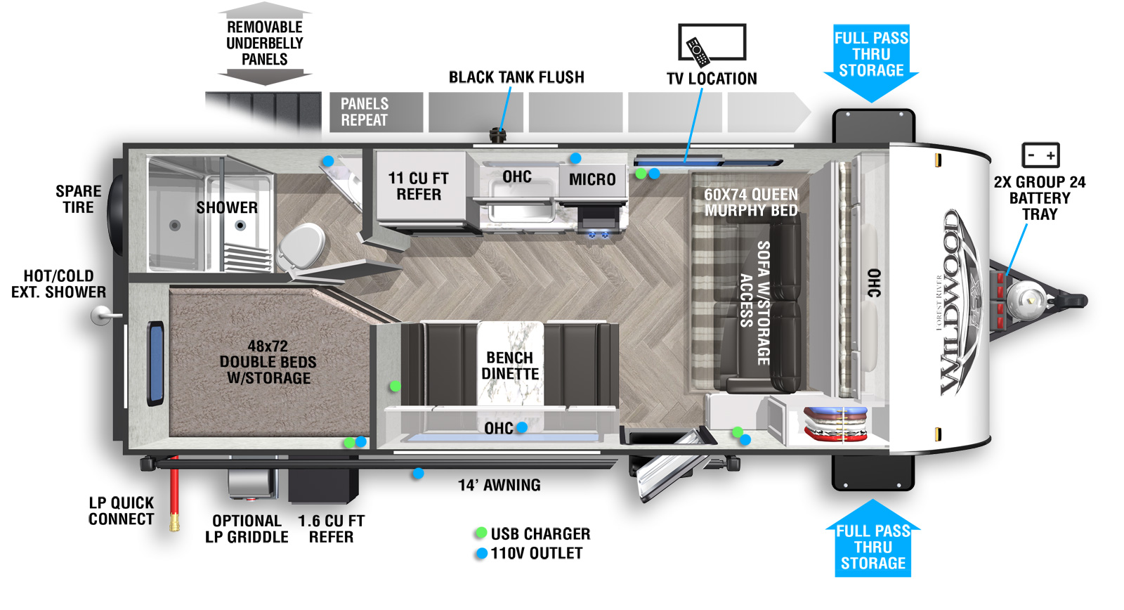 Wildwood FSX 179DBK floorplan. The 179DBK has no slide outs and one entry door.