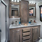 36D7 Rear Bathroom with dual vanity May Show Optional Features. Features and Options Subject to Change Without Notice.