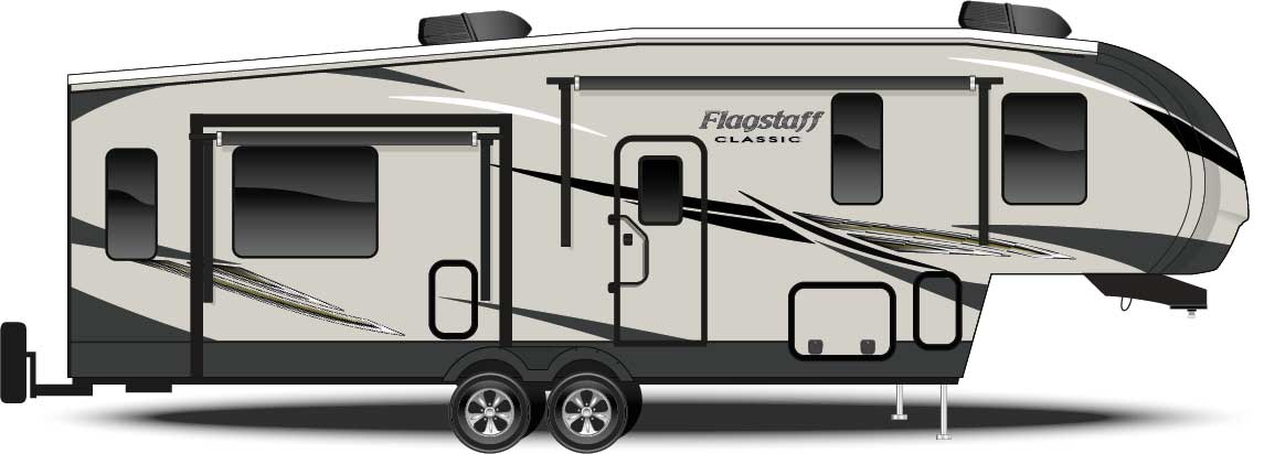 2022 Flagstaff Classic Fifth Wheel Exterior Camp Side Profile (Laminated Champagne Fiberglass)