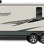 2022 Flagstaff Classic Travel Trailer Exterior Road Side Profile (Laminated Champagne Fiberglass) May Show Optional Features. Features and Options Subject to Change Without Notice.