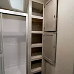 Two Door Linen Closet Shown Open to Show Six Compartments in Total.
 May Show Optional Features. Features and Options Subject to Change Without Notice.