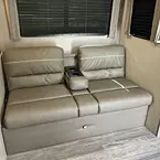 Jiffy Sofa w/Flip Down Cup Holder/Arm Rest in couch position, with  Storage Underneath
 May Show Optional Features. Features and Options Subject to Change Without Notice.