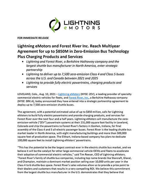 Lightning eMotors and Forest River Reach Multiyear Agreement - News Release 8.10.21