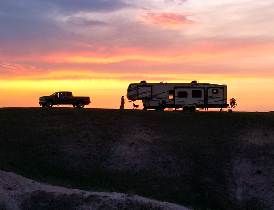 Fifthwheel RV at sunset