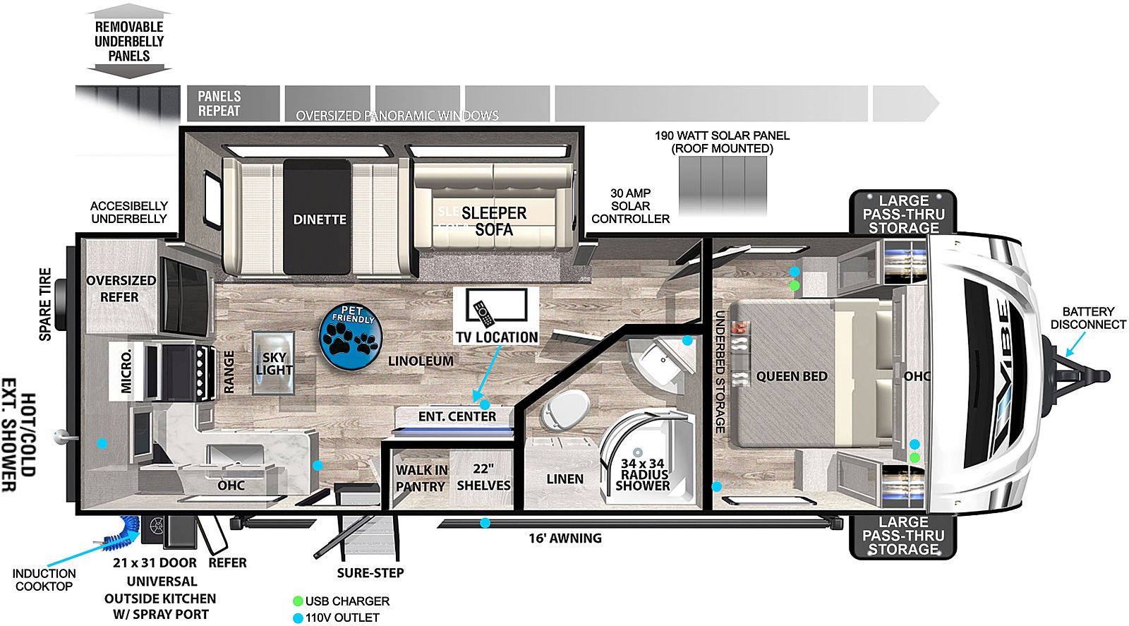 Vibe 25RK floorplan. The 25RK has one slide out and one entry door.