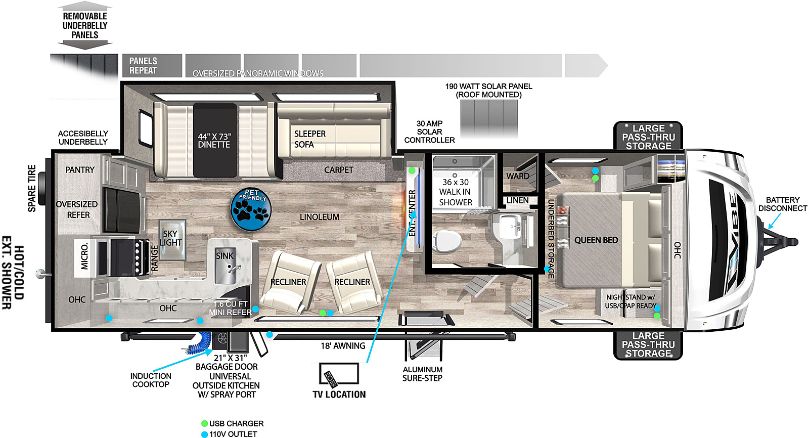 Vibe 26RK floorplan. The 26RK has one slide out and one entry door.