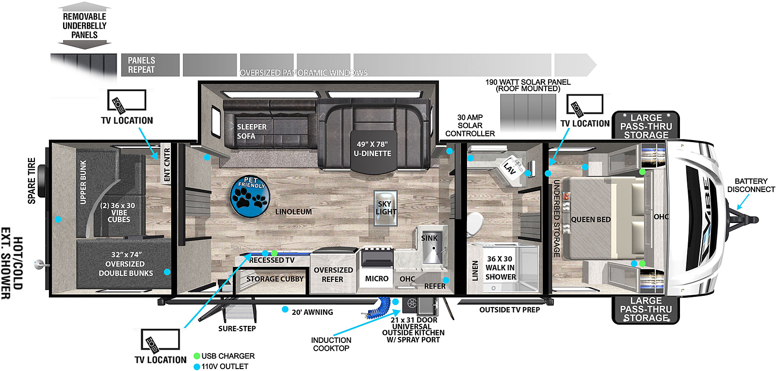 Vibe 28BH floorplan. The 28BH has one slide out and one entry door.