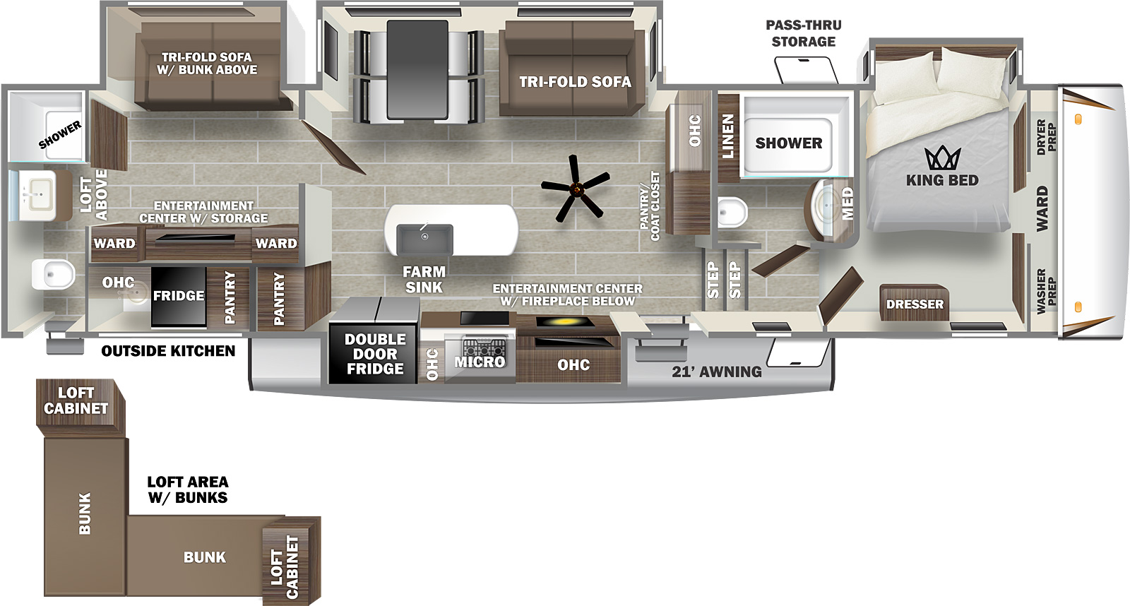 Sabre 38DBQ floorplan. The 38DBQ has 4 slide outs and two plus entry doors.