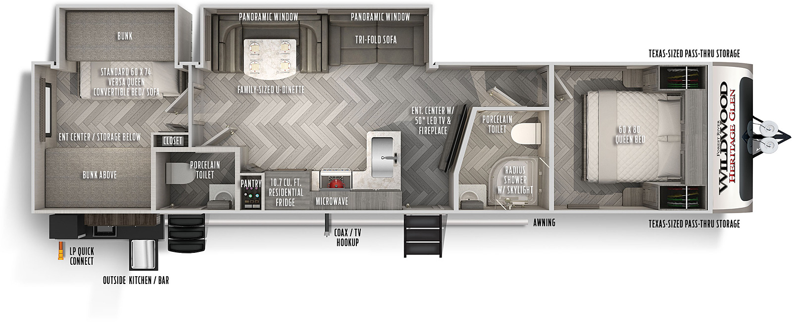 Heritage Glen 314BUD floorplan. The 314BUD has 2 slide outs and two plus entry doors.