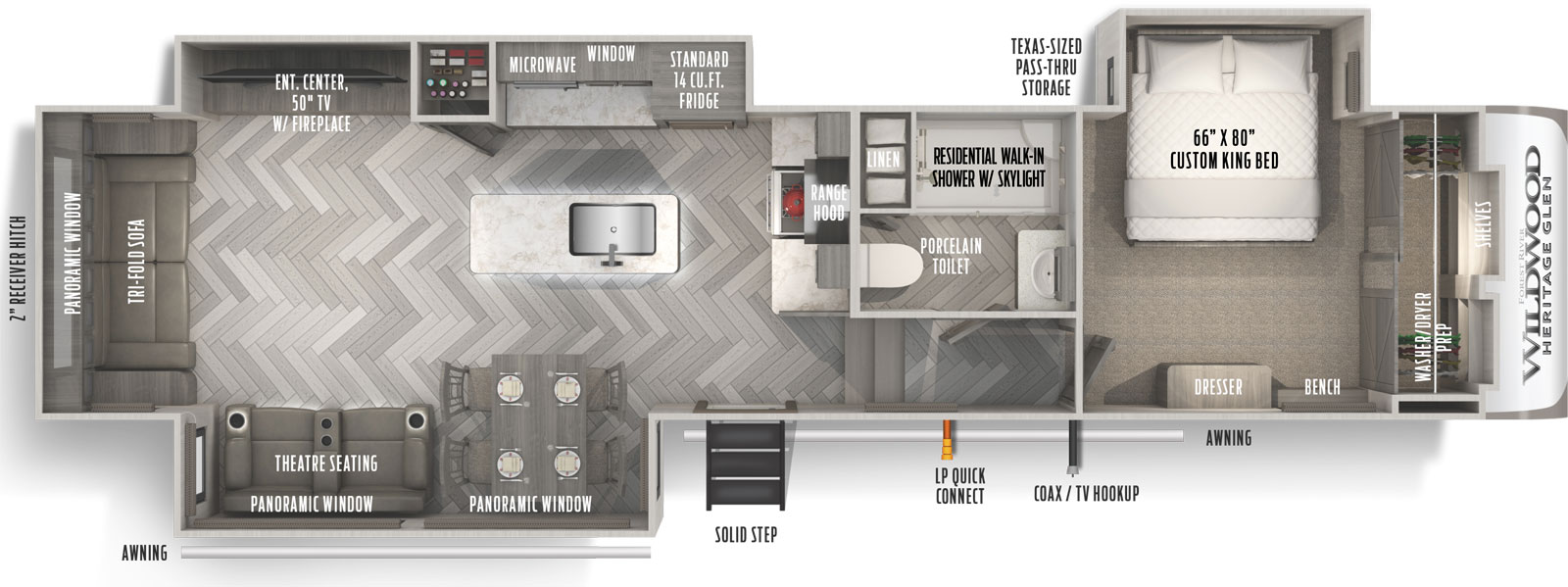 Heritage Glen 338BAR floorplan. The 338BAR has 3 slide outs and one entry door.