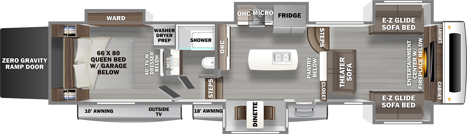RIVERSTONE 37FLTH floorplan. The 37FLTH has 6 slide outs and one entry door.