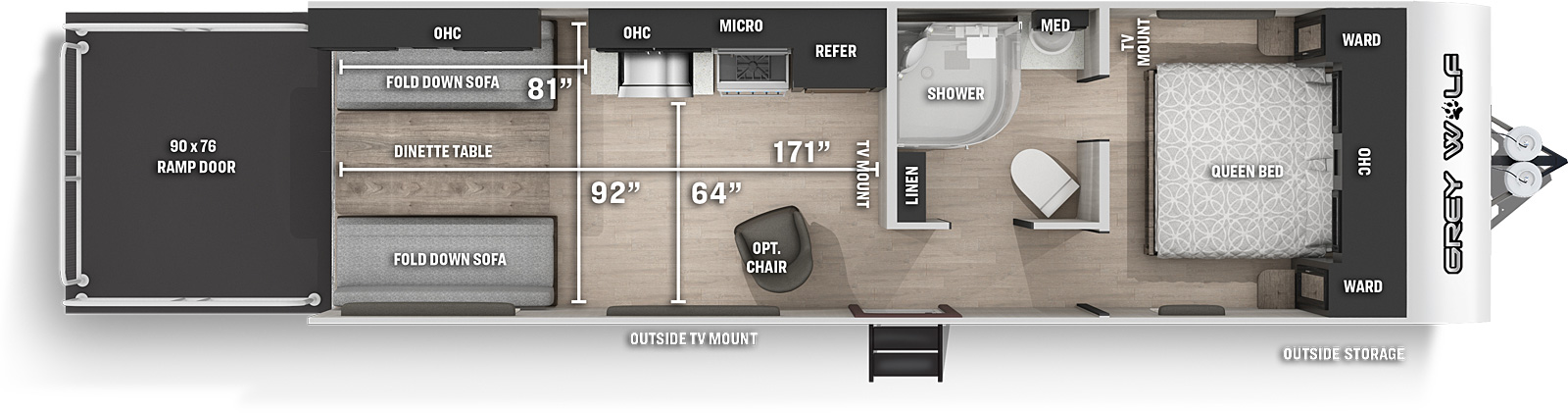 The 25 RRT has no slide outs, a rear ramp door and door side entry door. The interior layout from front to back: a front bedroom with foot facing queen bed; a side aisle pass through bathroom; a off-door side kitchen countertop with sink, overhead microwave, overhead cabinets, cook top stove and refrigerator; an optional chair across from the kitchen countertop; and opposing wall fold down sofas and dinette table in the rear. Cargo area measurements include: 171 inches from the rear of the trailer to the bathroom wall; 64 inches from the kitchen countertop to the door side wall; 92 inches from off-door side wall to door side wall; and 81 inches from rear of trailer to the kitchen countertop.