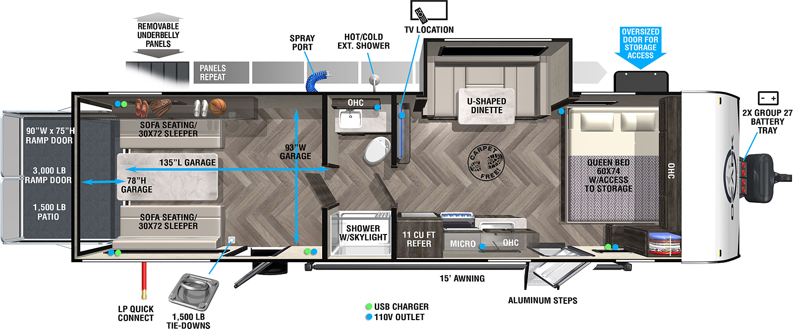 The Ozark 2700TH is a toy hauler model with two side entry doors, LP quick connect, storage compartment, spray port, exterior shower, one slide on the off-door side, and 15' awning on the outside. Inside, the front of the unit is taken up by a 60" x 74" queen bed that is situated perpendicular to the length of the unit. There is a wardrobe cabinet at the foot of the bed and additional cabinets mounted overhead across the front wall. Standing next to the bed and looking toward the rear of the RV, you have a slide room with U-shaped dinette on the right wall. Across from the dinette, on the left wall, is the kitchen area with sink, cooktop and oven, and 11 cubic foot refrigerator, with cabinets and a microwave mounted overhead. Back on the right wall, a TV is located to the right of the dinette. Next to the TV is a bathroom with sink, medicine cabinet, and commode. A shower with skylight is located directly across from the bathroom. At the very rear, there is a removable table with a 30" x 72" sofa sleeper on either side. When these are moved out of the way, the remaining space functions as a 78" long and 93" wide garage. 