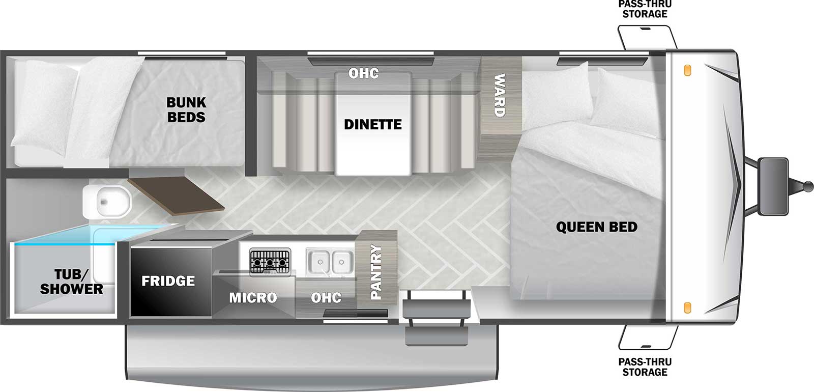 The EVO 177BQ has one entry door near the front of the unit, pass-through storage, and a 14' awning on the outside. When you enter the camper, there is an RV queen bed immediately to your right and taking up the space in front. The bed is oriented horizontally, perpendicular to the length of the trailer, with a wardrobe cabinet on the left side. To the left of the door, on the near wall, is the kitchen area with a panty, sink, stovetop, and refrigerator, with overhead cabinets and an overhead microwave. To the left of that, and taking up half the rear area, is the bathroom containing a commode and tub/shower. Directly across from the bathroom and taking up the other half of the rear space, is a set of double bunks. To the right of the bunks is a booth dinette with overhead cabinets above. 