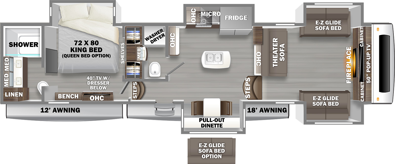 RIVERSTONE 39RBFL floorplan. The 39RBFL has 5 slide outs and one entry door.