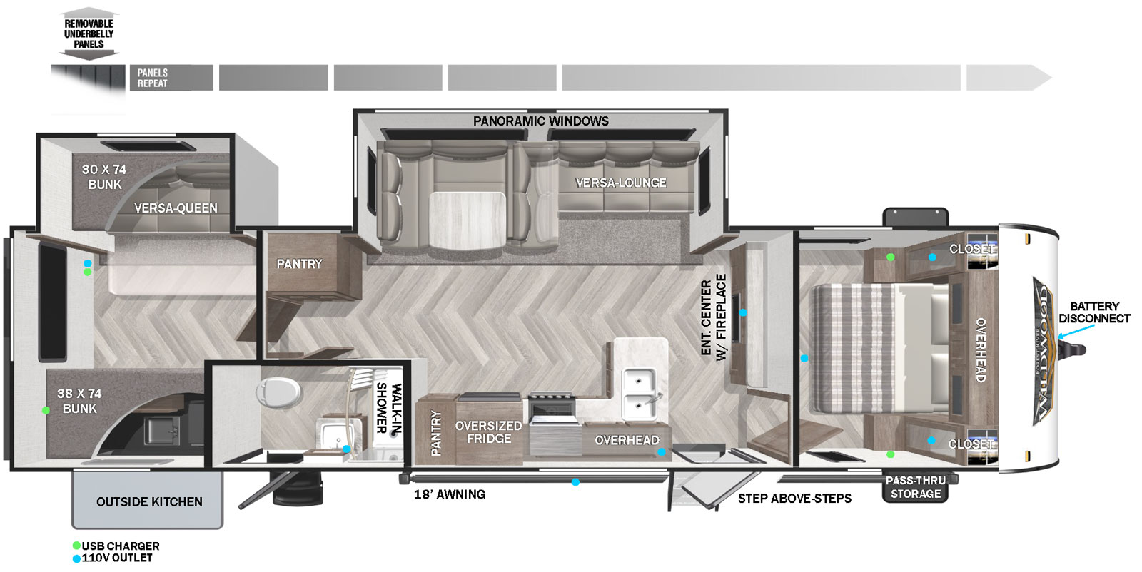 The 32BHDS floorplan features a back bunk house. The outside features an 18 foot electric power awning. The entrance leads right into the entertainment center. The entertainment center features an electric fireplace, soundbar, and TV backer prepped to mount a TV if desired. In the slide out is the Versa-Lounge and dinette. The Versa-Lounge allows for an eight foot chaise lounge or traditional U-dinette and sofa. On the opposing side, camp side, is the kitchen. The kitchen features an refrigerator, oven, microwave, sink, kitchen window, side pantry, and tons of cabinet storage. Right before the back is the pantry and bathroom. The bathroom includes a walk-in shower, toilet, sink, linen storage, and second entry. In the rear is the bunk house with two top bunks, entertainment center, and Versa-Queen. The Versa-Queen offers the option for a sofa, bunk, or queen bed. In the front, the bedroom features underbed storage, overhead storage, and side closets next to the front of the bed that have CPAP storage.