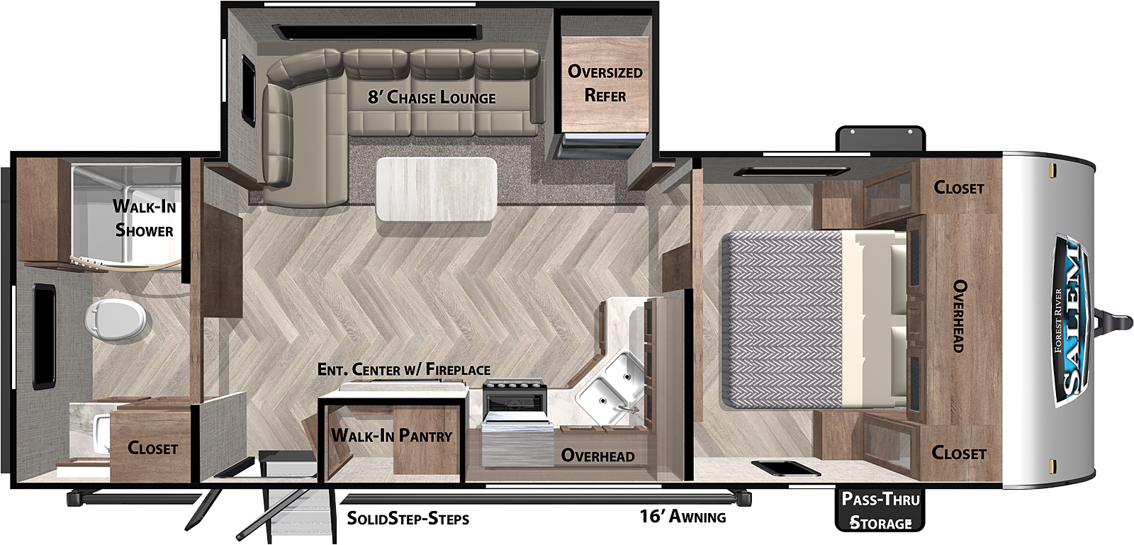 Salem Northwest T22RBS floorplan. The T22RBS has one slide out and one entry door.