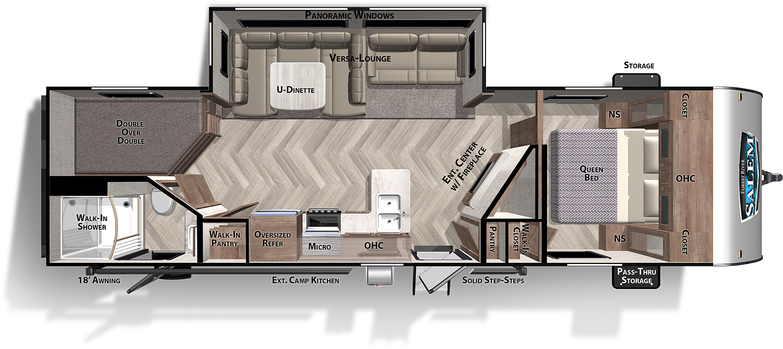 Salem Northwest T26DBUD floorplan. The T26DBUD has one slide out and two plus entry doors.