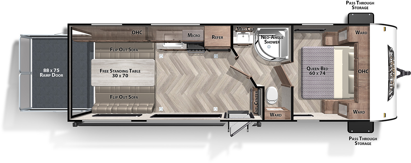 X-Lite Northwest 260RT floorplan. The 260RT has no slide outs and one entry door.