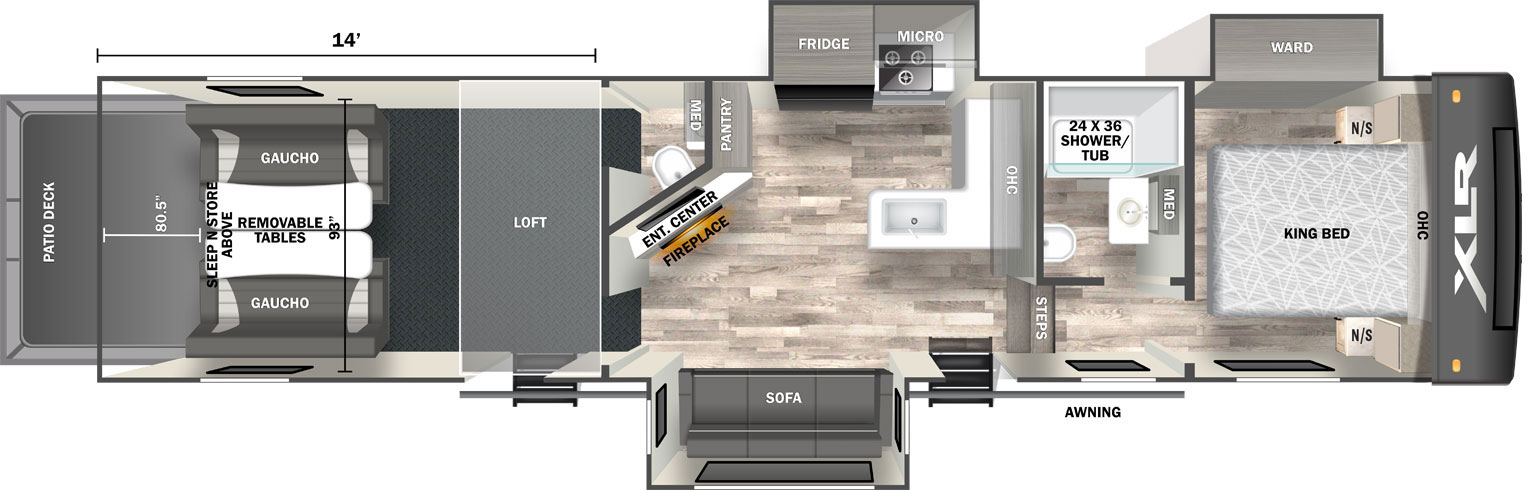 XLR Nitro 351 floorplan. The 351 has 3 slide outs and two plus entry doors.