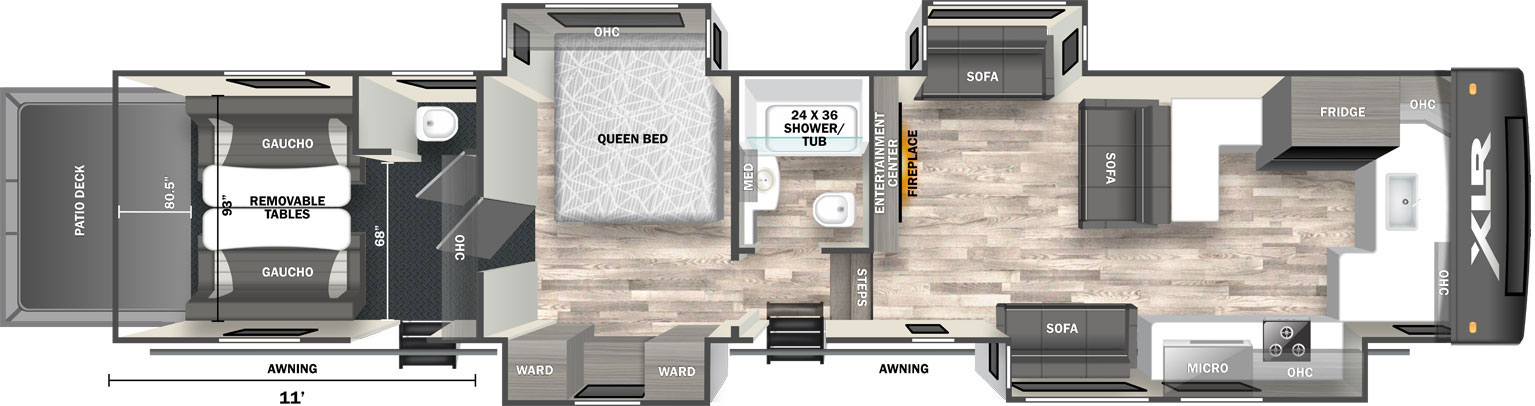 The XLR Nitro 405 floorplan exterior has two entry doors, four slideouts, and a rear spring assisted ramp door. It has an electric power awning. The entry door toward the rear of the unit leads to a garage area. The rear garage area of the RV features Max Clearance dinettes that can be transformed into bedding. The front off door corner has a bathroom with a sink and a toilet. The front of the garage area has overhead storage and a door leading to the bedroom. The bedroom has two slideouts. The off door slideout has a queen bed with overhead storage above. The door side slideout has a wardrobe and storage. A door in the front door side corner of the room leads to the hallway. Back outside, the door side slideout has an exterior TV. An entry door toward the center of the RV leads to a hallway. A door to the left leads to the bedroom. Straight ahead, a door leads to the bathroom, and steps to the right lead to the living area. The bathroom has a shower, a sink with a medicine cabinet above, and a toilet. The living area has two slideouts. The off door slideout has a sofa, to the right of the slideout is a sofa. The front of the RV houses a kitchen area. In the kitchen area, is an L-shaped counter top. In the front is another countertop with a sink and storage above. The door side slideout has a stove with storage above, a countertop with storage above, and a sofa. The rear of the living area has steps leading to the hallway. In the rear off door side corner is an entertainment 