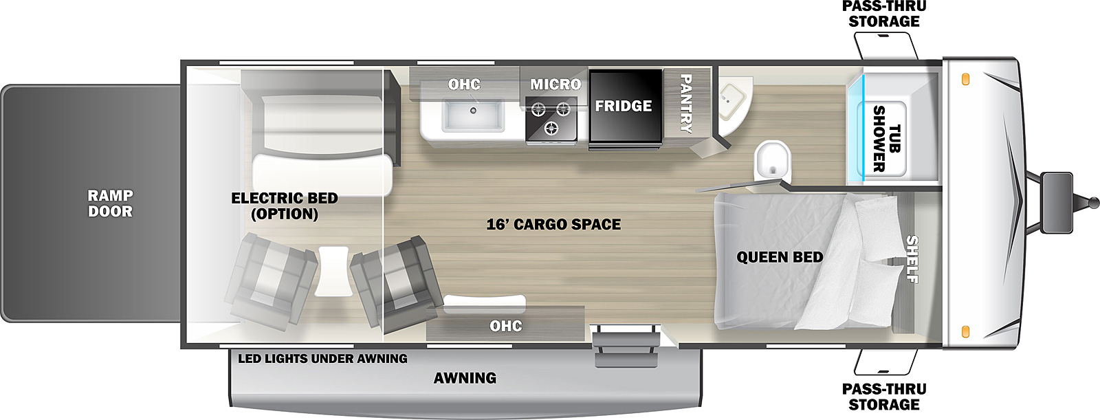 The Sandstorm 186 Toy Hauler has one entry door, one rear ramp door and an electric power awning. It has sixteen feet of cargo space. Pass through storage is toward the front of the RV. The entry door opens into the living area. Directly to the left of the entry door are overhead storage compartments. To the left of the overhead storage compartments are two chairs with a table in the middle. A ramp door forms the rear wall of the RV. On the off door side, opposite the two chairs, is a flip sofa with a table. A kitchen area is in the front off door corner of the living area. The kitchen has a countertop with a sink and a stove. Overhead storage is above the sink and a microwave is above the stove. A refrigerator is to the right of the countertop. A pantry is to the right of the refrigerator. A bathroom is in the front off door corner of the RV. The bathroom has a sink, a toilet, and a tub shower. The front door side corner has a full bed with a shelf above it.