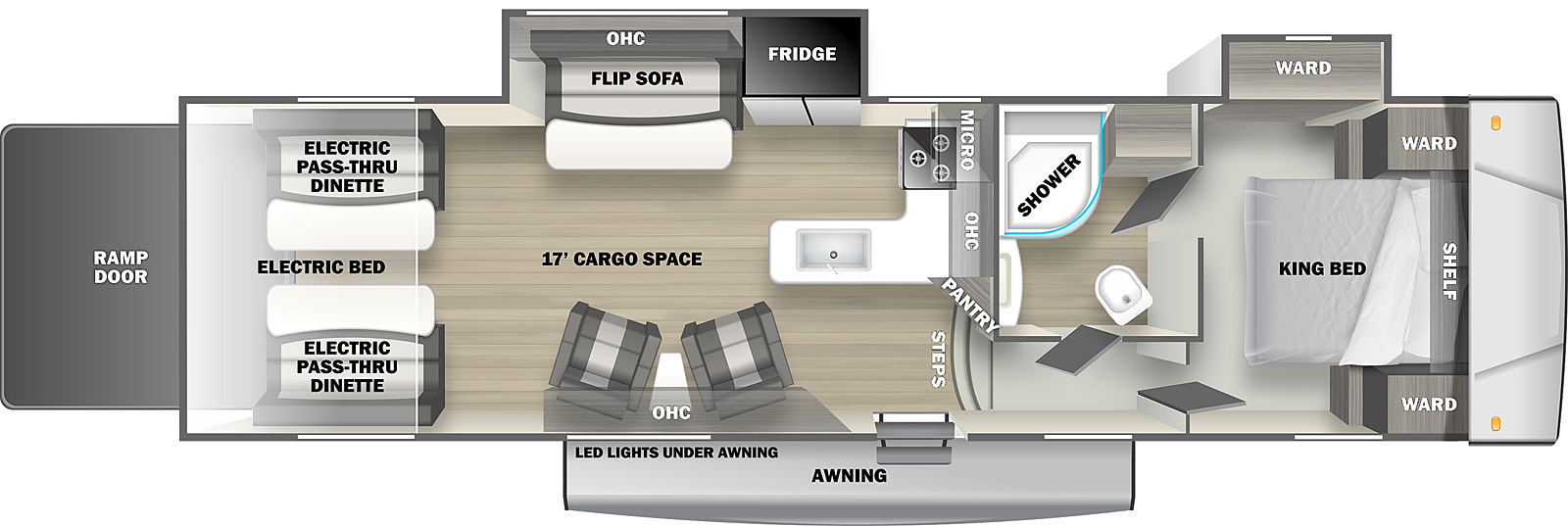The Shockwave 32FWGDX is a toy hauler fifth wheel with one entry door, a rear ramp door, two slides on the off-door side, and 18' awning on the exterior. Inside, a walkaround king bed is located in the front of the unit, with wardrobe cabinets on either side, cabinets above the head of the bed, and a wardrobe vanity in a slideout on the off-door bedroom wall. There are two doors in the bedroom, one leading into the bathroom and one opening to a short hallway with steps leading into the main living area. The bathroom contains a sink, medicine cabinet, commode, linen cabinet, and radius glass shower. The kitchen area is located on the opposite side of the bathroom wall, which faces the rear of the unit. There is an L-shaped countertop with a sink, stovetop and oven, with cabinets and a microwave oven mounted overhead. Next to the kitchen area on the off-door wall is a slideout containing a double door refrigerator and flip sofa with half dinette table and overhead cabinets. Across from the slideout on the door side are additional overhead cabinets and a pair of upholstered chairs with small table between them. In the rear of the unit are two flip sofa benches, one on either side, with a split dinette table between them. These convert to a standard electric bed. This trailer provides 17' of interior cargo space.