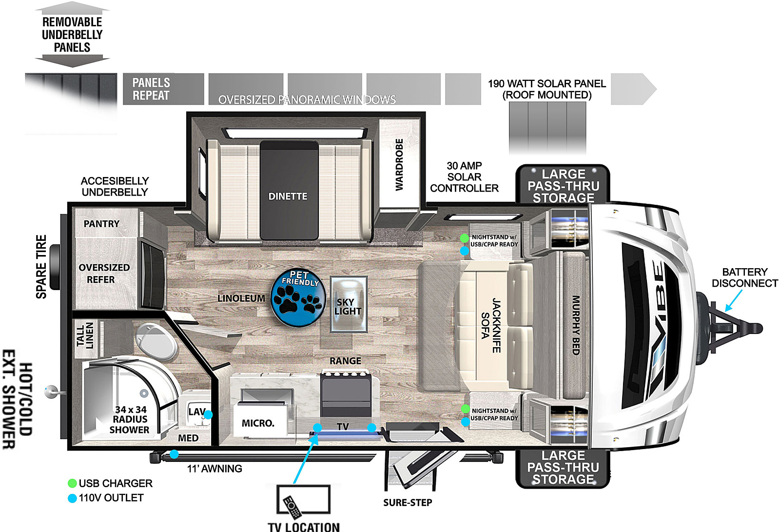 Vibe 18RB floorplan. The 18RB has one slide out and one entry door.