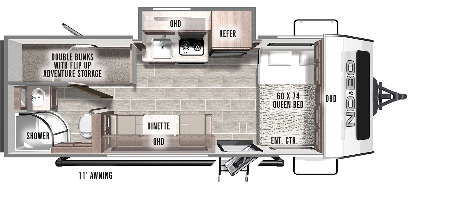 The NB16.6 has one slide out on the off-door side and one entry door . There is an 11 foot exterior awning on the door side. The interior is an open concept with: a side facing 60 x 74 queen bed in the front with overhead cabinetry; a off-doorside slide out containing a single basin sink, cook top stove, refrigerator, overhead cabinet; a dinette across from the slide out; a bathroom with corner shower, toilet, vanity and medicine cabinet in the door side rear corner; and double bunks with flip up adventure storage in the off-door side rear corner. 