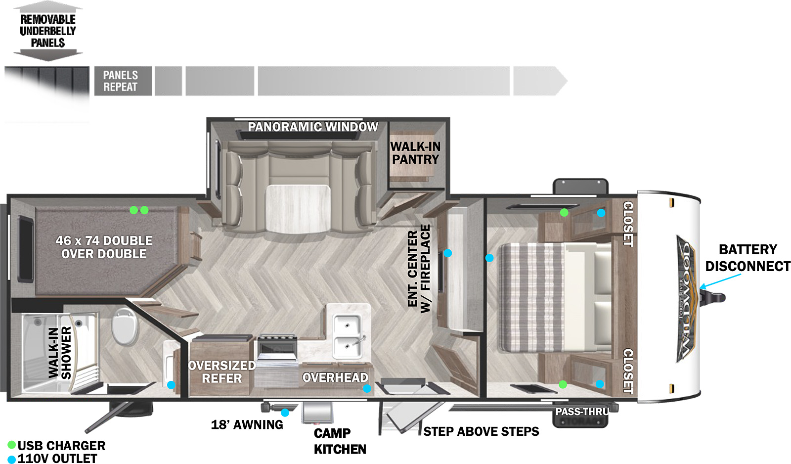 The 240BHXL is a single slide out floorplan with a private bedroom and double over double bunks. The outside features an 18 foot electric power awning. To the right of the entry is the private bedroom bed with underbed storage and closets on each side. These closets come prepped with CPAP storage possibility. In the middle of the unit, there is the entertainment center featuring an electric fireplace. This also features a soundbar and an area to mount a TV. In the slide out there is a U-dinette and a pantry beside it. Across from the slide out is the kitchen with a refrigerator, oven, microwave, sink, and cabinet storage. In the back is the 46 x 74 double over double bunks and a bathroom with a shower, toilet, sink, linen storage, and second entry.