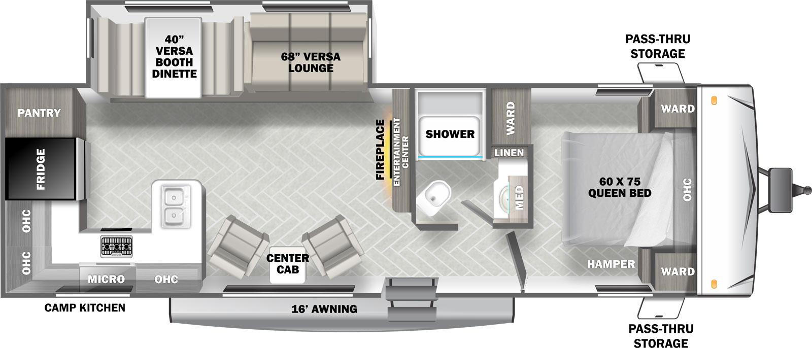Wildwood West T27RKS floorplan. The T27RKS has one slide out and one entry door.