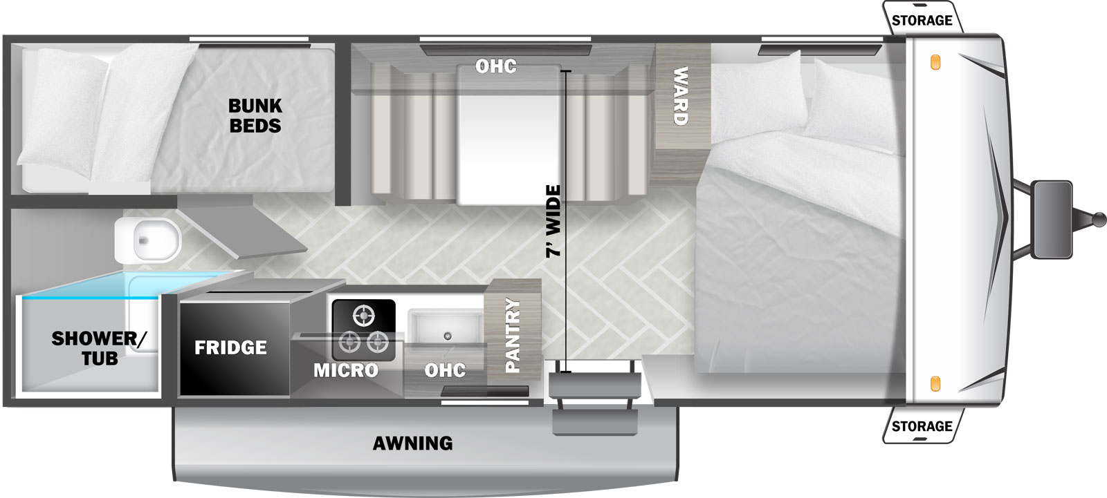 Cruise Lite West T177BQ floorplan. The T177BQ has no slide outs and one entry door.