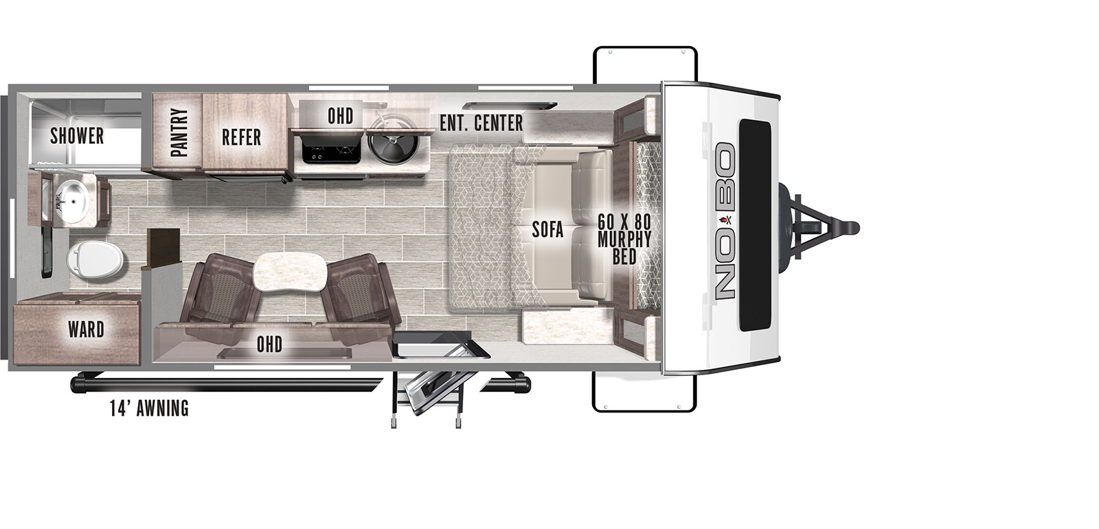 The 19.2 has zero slideouts and one entry door. There is a 14 foot awning on the door side starting at the rear. The interior is an open concept with: a 60 by 80 Murphy bed in the front that converts to a sofa; an entertainment center on the off-door side near the murphy bed; a kitchen counter on the off-door side across from the entry door containing a pantry, refrigerator, cooktop stove, round kitchen sink and overhead cabinet; two chairs with a table across from the kitchen counter; And a rear bathroom with shower, vanity, medicine cabinet, toilet and wardrobe.