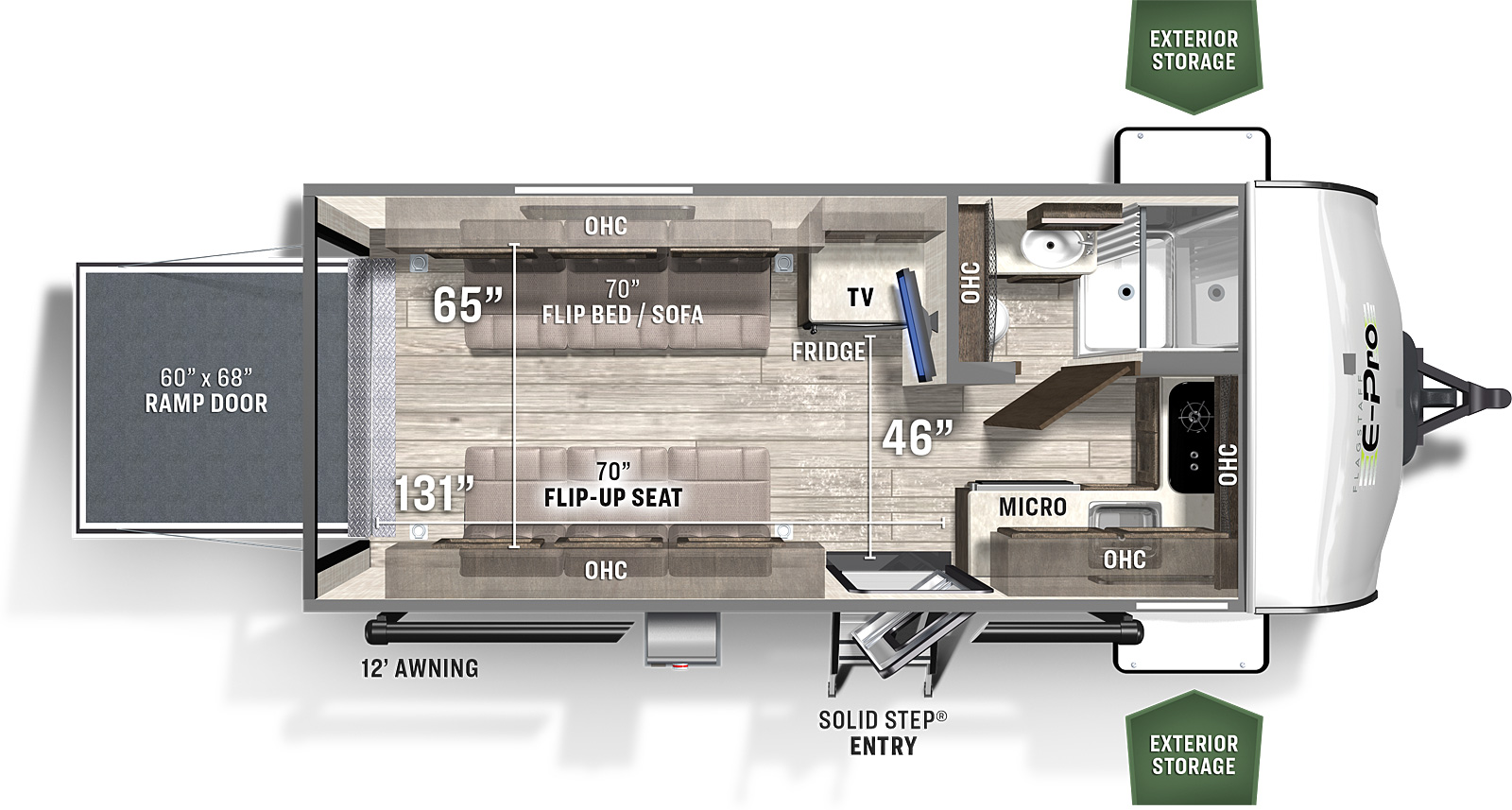 The E19TH-DSO has no slide outs and 1 entry door on the camp side and a 60 by 68 inch rear ramp door. Exterior features include exterior storage and camp side 12 foot awning. Interior layout from front to back: front kitchen in the camp side front corner; full bathroom in the road side front corner; cargo area with 2 flip bed/sofas. Cargo area dimensions are: 131" from the rear of the travel trailer to countertop, 65 inches between the cargo area cabinets and 46 inches between the refrigerator and camp side wall.