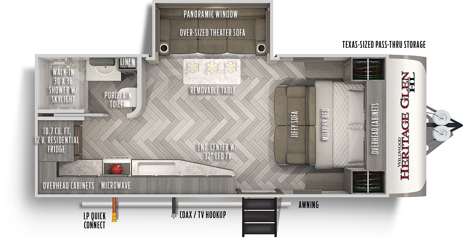 Heritage Glen Hyper-Lyte 17RBHL floorplan. The 17RBHL has one slide out and one entry door.