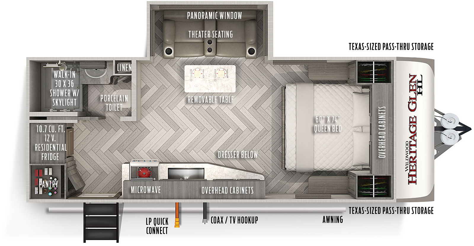 Heritage Glen Hyper-Lyte 19RBHL floorplan. The 19RBHL has one slide out and one entry door.