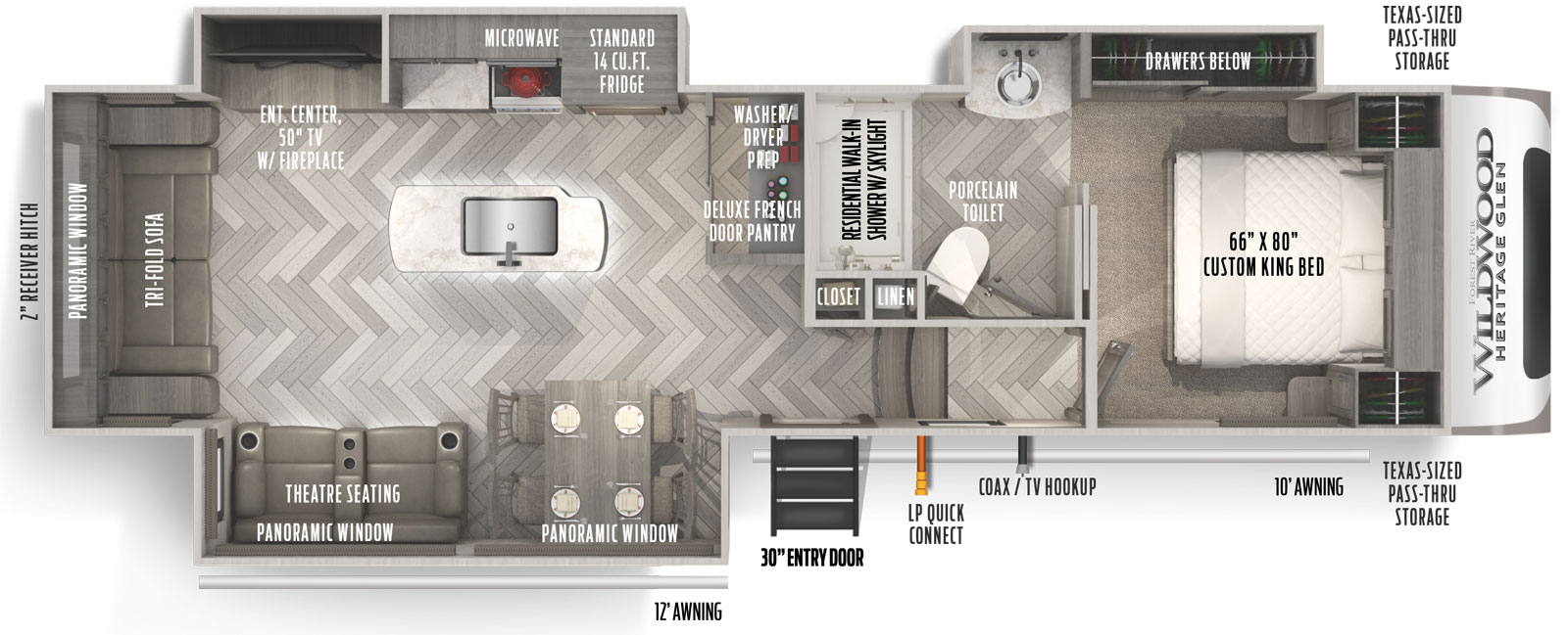 Heritage Glen 290RL floorplan. The 290RL has 3 slide outs and one entry door.
