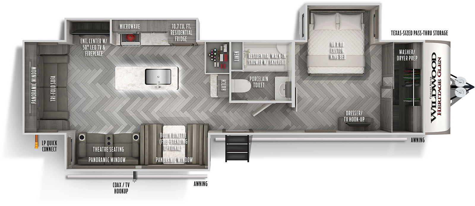 Heritage Glen 308RL floorplan. The 308RL has 3 slide outs and one entry door.