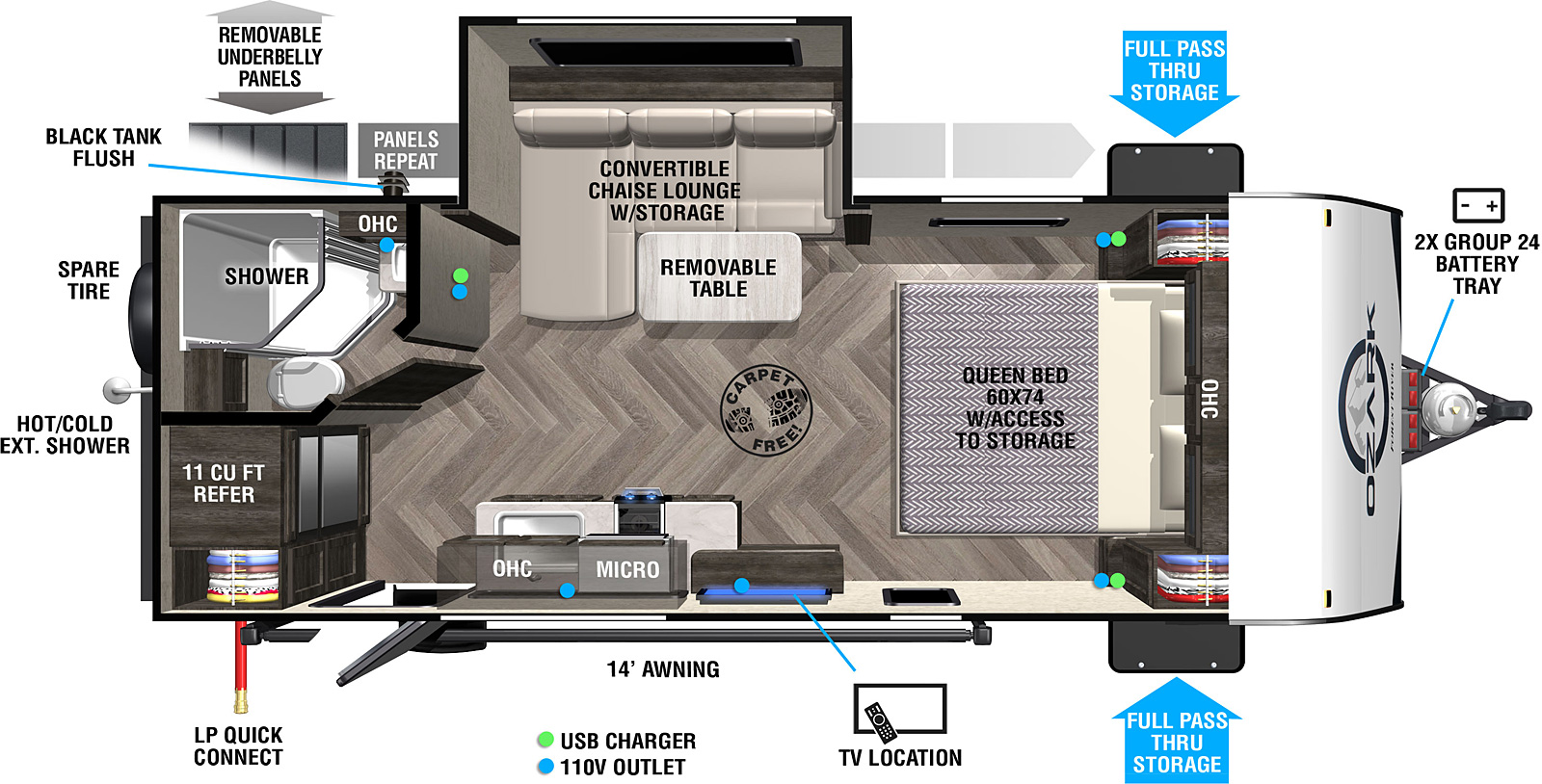 Ozark 1800QS floorplan. The 1800QS has one slide out and one entry door.