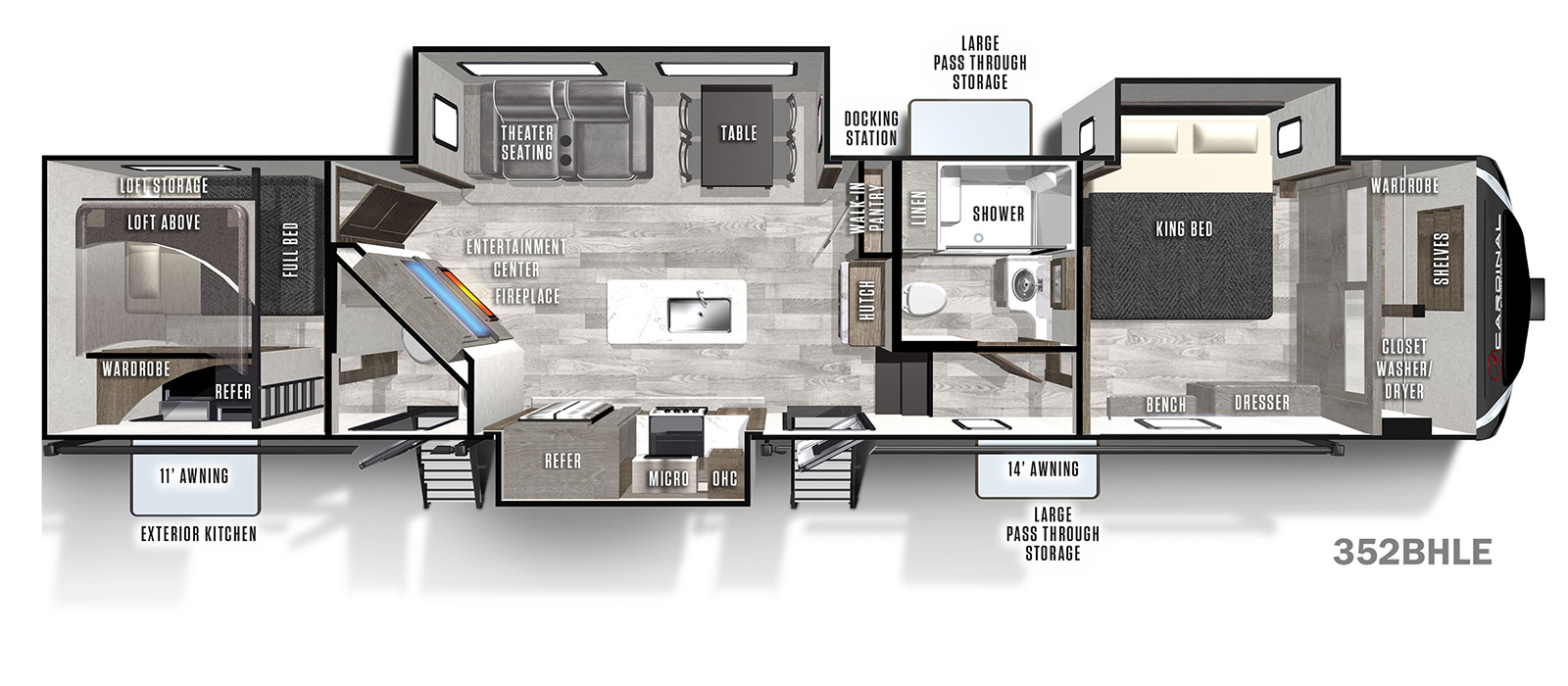 The 352BHLE has 3 slide outs, two on the off-door side and one on the door side, along with two entry doors on the door side. Interior layout from front to back: front bedroom with king bed in a off-door side slide out; side aisle bathroom; kitchen living dining area with off-door side slide out containing theater seating and freestanding table and chairs; kitchen island with single basin sink; door side slide out containing residential refrigerator, overhead microwave, cook top stove and overhead cabinet; half bath with exterior access; and rear bedroom with full bed below and loft above.