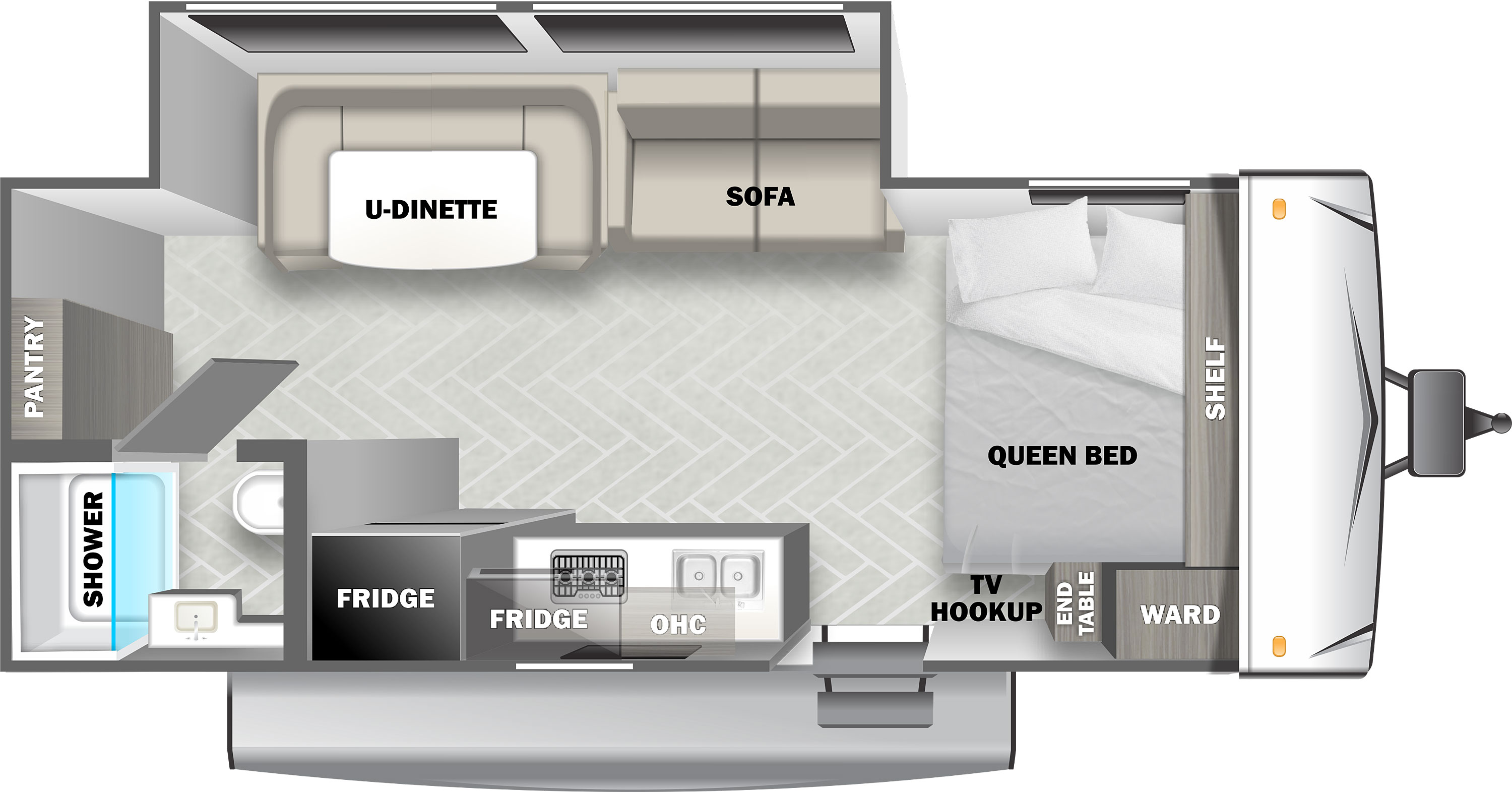 Evo Northwest 180SS floorplan. The 180SS has one slide out and one entry door.
