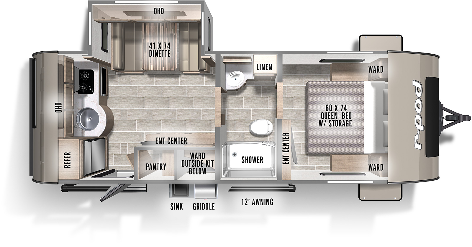r-pod RP-202 floorplan. The RP-202 has one slide out and one entry door.
