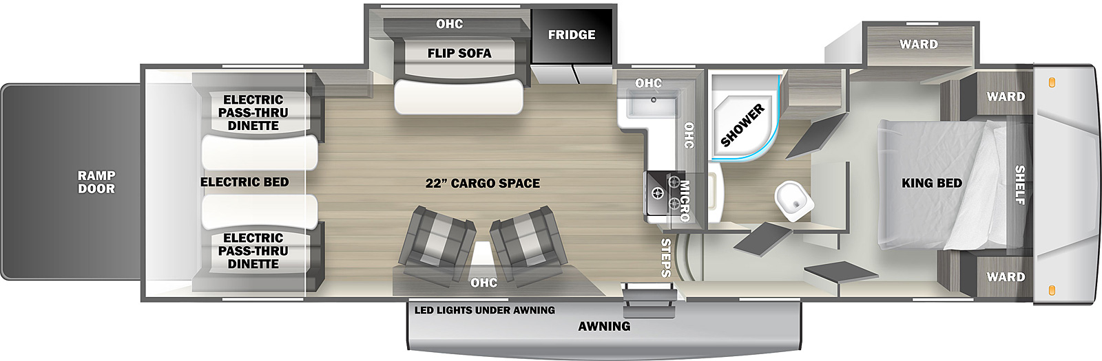 The Stealth SA3421G is a toy hauler fifth wheel with one entry door, a rear ramp door, two slides on the off-door side, and awning on the exterior. Inside, a walkaround king bed is located in the front of the unit, with wardrobe cabinets on either side and  cabinets overhead.There is a slideout on the off-door bedroom wall that contains a wardrobe vanity. The bedrdoom has two doors, one into the bathroom and one into a short hallway with steps that opens to the main living area. The bathroom contains a sink, medicine cabinet, linen cabinet, commode, and glass radius shower. The kitchen countertop with sink, cooktop, and oven are located on the outside bathroom wall facing the rear of the RV, with cabinets and a microwave mounted overhead. Next to the kitchen area on the off-door wall is a slideout containing a double door refrigerator and flip sofa with half dinette table and overhead cabinets. Additional overhead cabinets are mounted on the door side. A pair of upholstered chairs with small table between them are located underneath these cabinets. In the rear of the unit are two flip sofa benches, one on either side, with a split dinette table between them. These convert to a standard electric bed. This trailer provides 22' of interior cargo space.