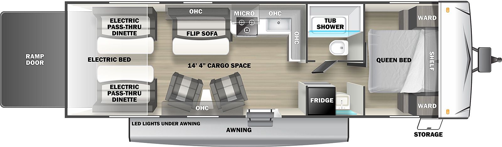 The Stealth FQ2514 is a toy hauler travel trailer that has a single entry door, rear ramp door, front storage, and 16' awning on the exterior. Inside, the front of the unit contains a walkaround queen bed with wardrobe cabinets on either side and a shelf mounted overhead. The bedroom door opens to a short hallway that leads to the living area. On the door side of the hallway is a refrigerator and bathroom sink. On the off-door side is the bathroom containing a tub shower and commode. The kitchen is located just outside the bathroom with an L-shaped countertop, sink, cooktop with oven, and overhead cabinets and microwave oven. Next to the kitchen on the off door side is a flip sofa with half dinette table and overhead cabinets. On the door side wall are additional overhead cabinets with a pair of upholstered chairs and small table located underneath. In the rear, there is a pair of flip sofa benches, one on each side, with a split dinette table between them. This converts to a standard electric bed. There is 14' 4" of interior cargo space in this unit.