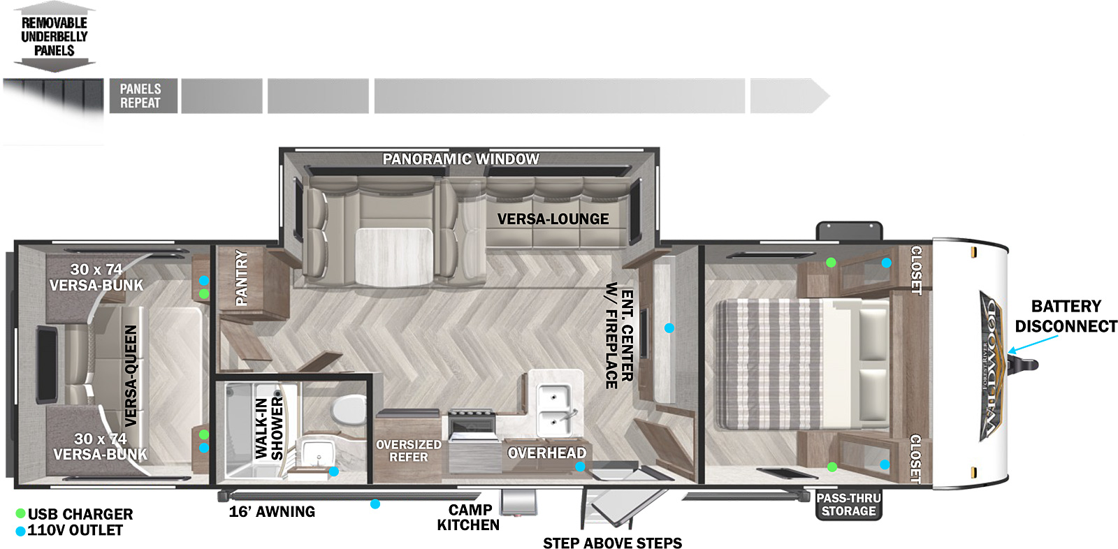 The 28VBXL is a bunk house travel trailer. The unit features a 16 foot electric power awning. In the back of the floorplan is the bunk room with two flip-up Versa-bunks and the Versa-Queen. The Versa-Queen provides the option to have a sofa, bunk, or queen bed. Outside of the bunk room is a large pantry and bathroom. The bathroom has a walk-in shower, sink, toilet, and linen storage. Along the camp side of the floorplan is the kitchen that features a refrigerator, oven, microwave, sink, large window, and tons of storage. Across from the kitchen in the slide out is the dinette and Versa-Lounge. The Versa-Lounge offers the option to have an eight foot chaise lounge or the traditional U-dinette and sofa set up. Next to the slide out is the entertainment center that features an electric fireplace, soundbar, and TV backer prepped to mount a TV. In the front is the bedroom that has underbed storage and closets next to the beds that have CPAP storage.